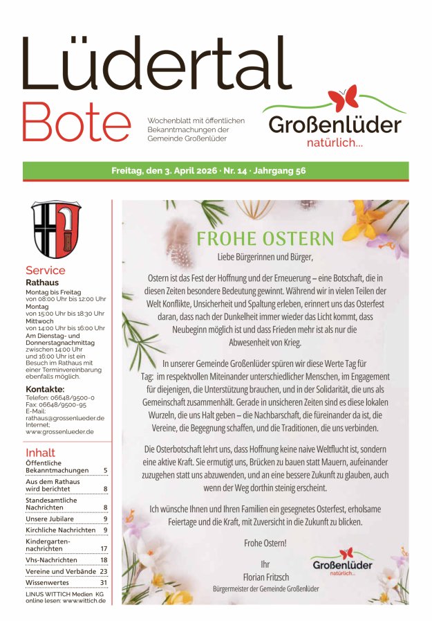 Wochenblatt mit öffentlichen Bekanntmachungen der Gemeinde Großenlüder Titelblatt 14/2026
