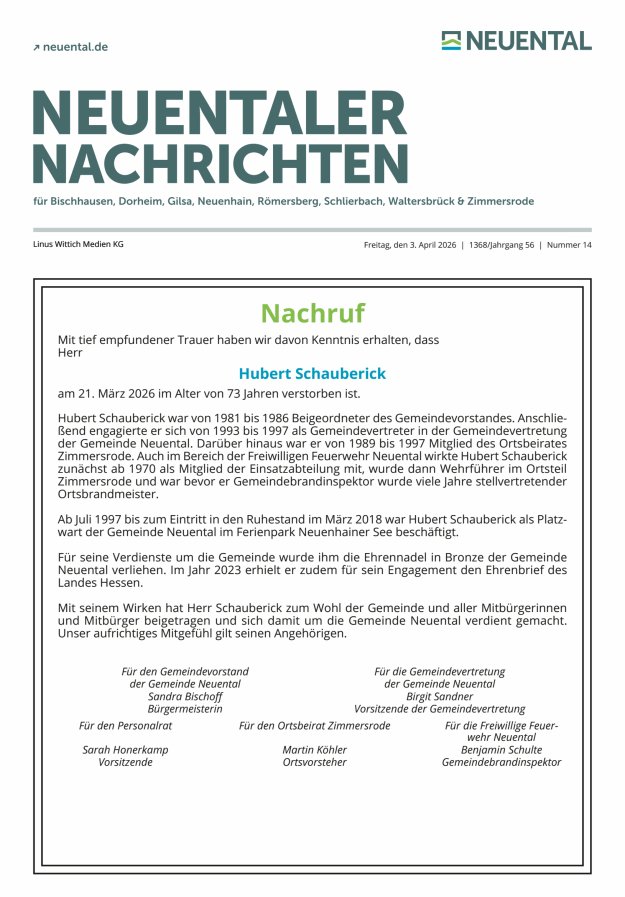 Neuentaler Nachrichten Titelblatt 14/2026