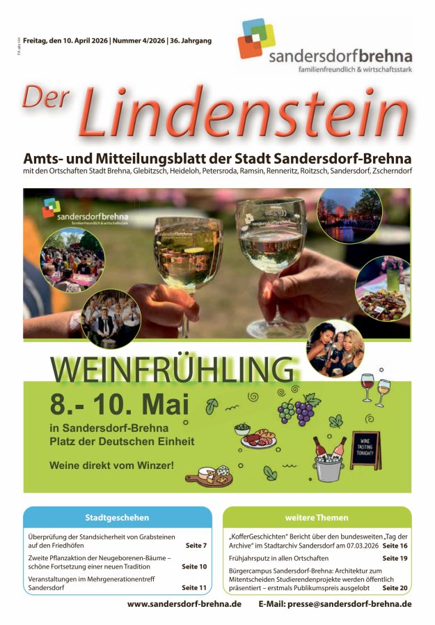 Der Lindenstein Amts- und Mitteilungsblatt der Stadt Sandersdorf-Brehna Titelblatt 04/2026