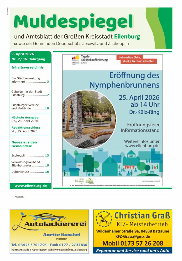Muldespiegel und Amtsblatt der Großen Kreisstadt Eilenburg und der Gemeinden Titelblatt 07/2026