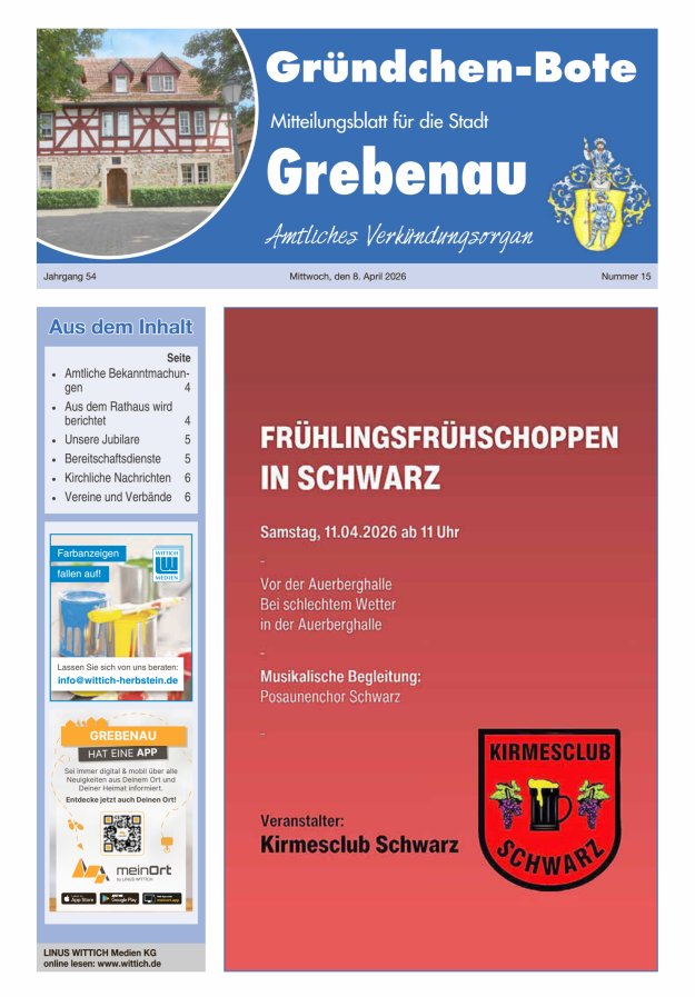 Grebenau - Gründchen Bote - Mitteilungsblatt für die Stadt Grebenau Titelblatt 15/2026
