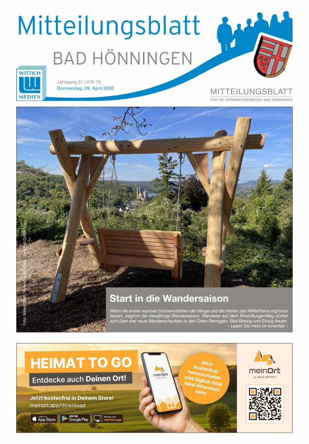 Mitteilungsblatt für den Bereich der Verbandsgemeinde Bad Hönningen Titelblatt 15/2026