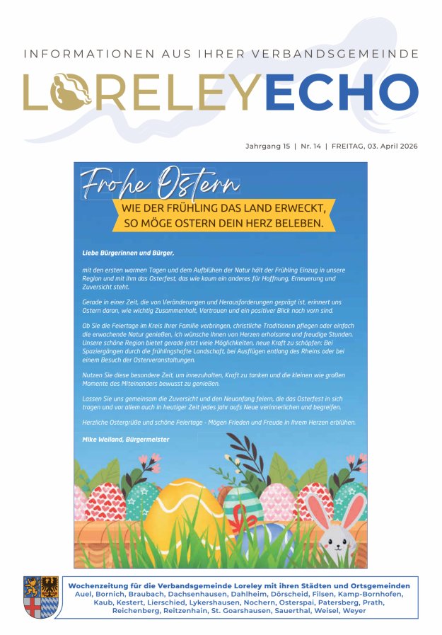 Loreley-Echo - Mitteilungsblatt der Verbandsgemeinde Loreley Titelblatt 14/2026