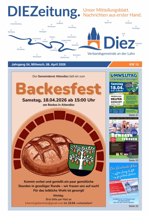 DIEZeitung - Mitteilungsblatt der Verbandsgemeinde Diez  Titelblatt 15/2026