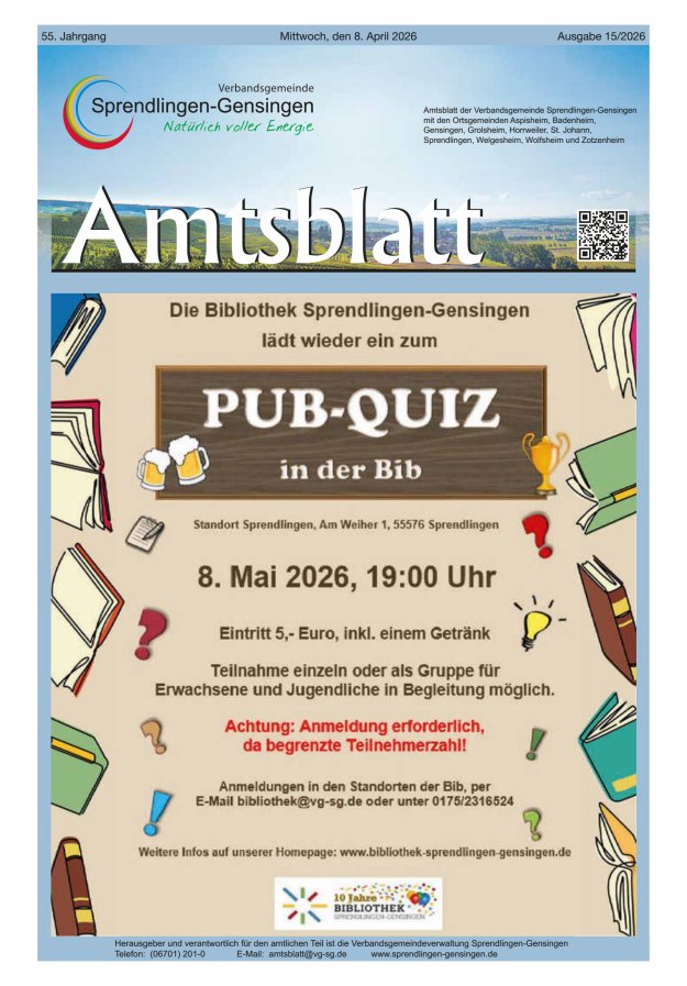 Amtsblatt VG Sprendlingen-Gensingen Titelblatt 15/2026