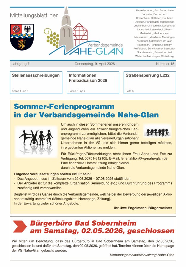 Mitteilungsblatt für die Verbandsgemeinde Nahe-Glan Titelblatt 15/2026