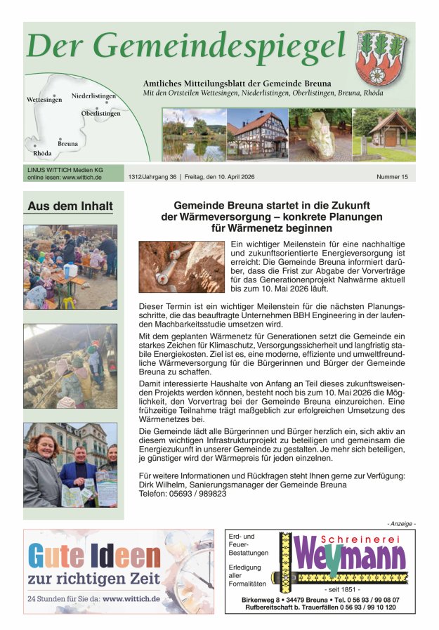 Der Gemeindespiegel (Breuna) Titelblatt 15/2026