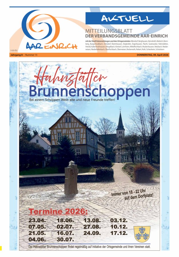 Mitteilungsblatt der Verbandsgemeinde Aar-Einrich Ausgabe Hahnstätten Titelblatt 15/2026