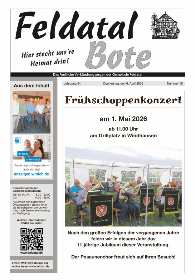 Das Amtliche Verkündungsorgan der Gemeinde Feldatal Titelblatt 15/2026