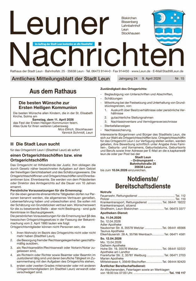 Leuner Nachrichten Titelblatt 15/2026