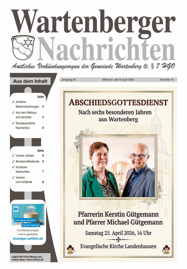 Wartenberger Nachrichten Titelblatt 15/2026