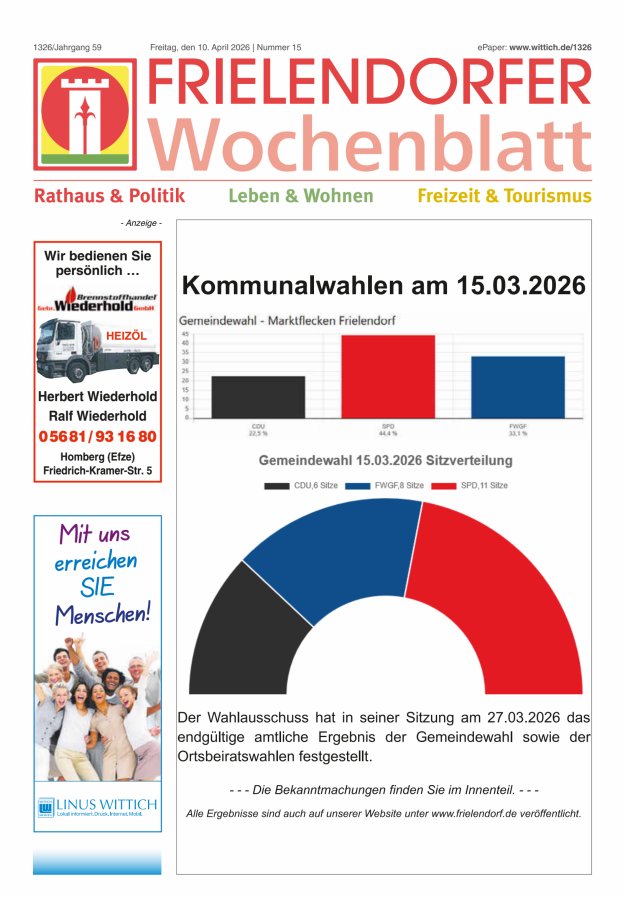 Frielendorfer Wochenblatt Titelblatt 15/2026