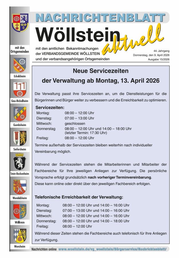 Nachrichtenblatt Wöllstein aktuell Titelblatt 15/2026