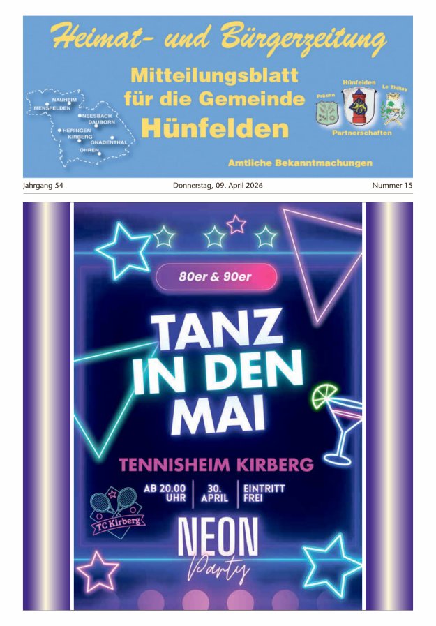 Mitteilungsblatt für die Gemeinde Hünfelden Titelblatt 15/2026