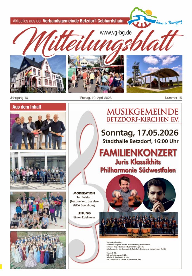 Aktuelles aus der VG Betzdorf-Gebhardshain, Ausgabe Betzdorf Titelblatt 15/2026