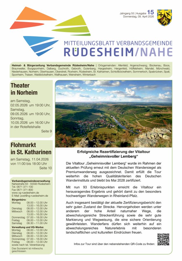 Mitteilungsblatt Verbandsgemeinde Rüdesheim und zugehörige Ortsgemeinden Titelblatt 15/2026