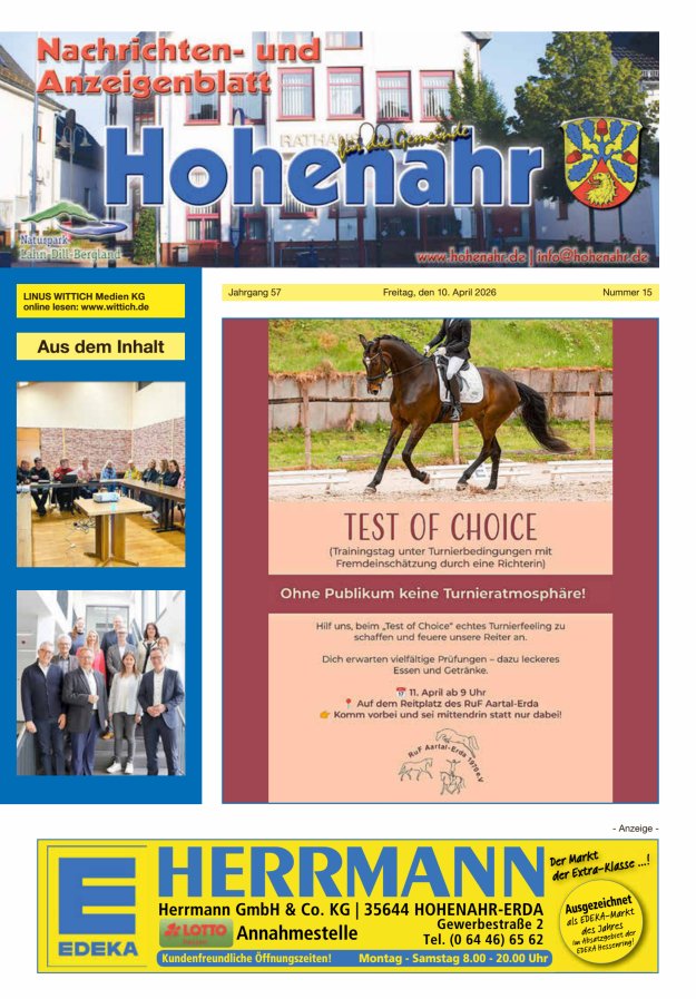 Nachrichten- und Anzeigenblatt für die Gemeinde Hohenahr Titelblatt 15/2026