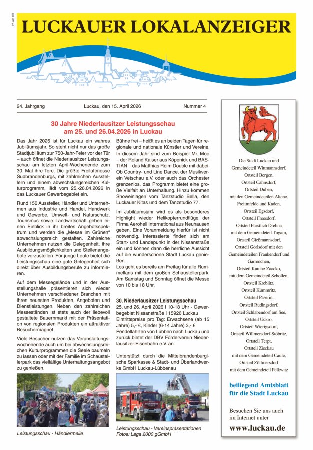 Luckauer Lokalanzeiger (beiliegend Amtsblatt für die Stadt Luckau) Titelblatt 04/2026