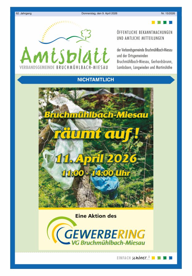 Amtsblatt der VG Bruchmühlbach-Miesau Titelblatt 15/2026