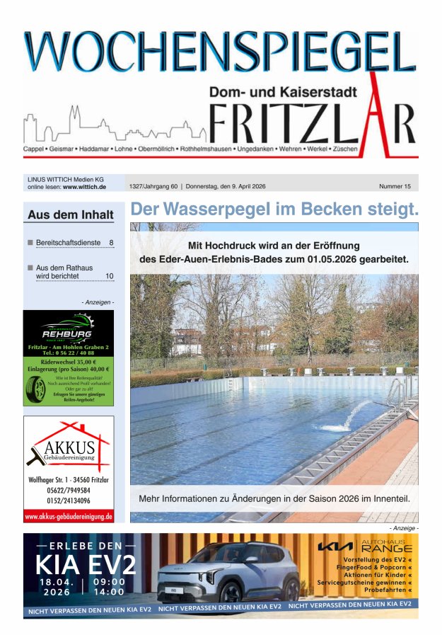 Wochenspiegel Dom- und Kaiserstadt Fritzlar Titelblatt 15/2026