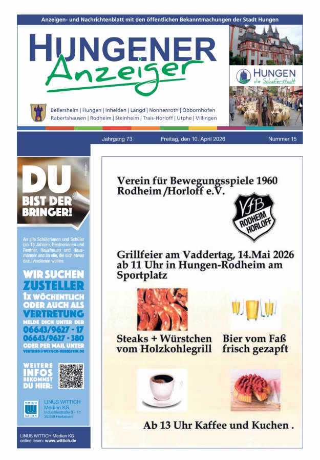 Anzeigen- und Nachrichtenblatt mit den öff  Bekanntmachungen der Stadt Hungen Titelblatt 15/2026