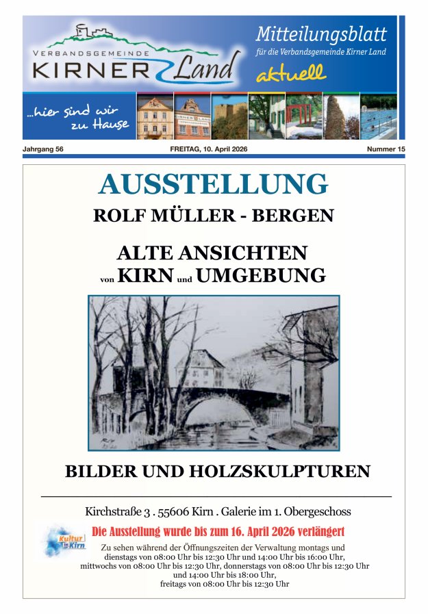 Mitteilungsblatt für den Bereich der Verbandsgemeinde Kirner Land Titelblatt 15/2026