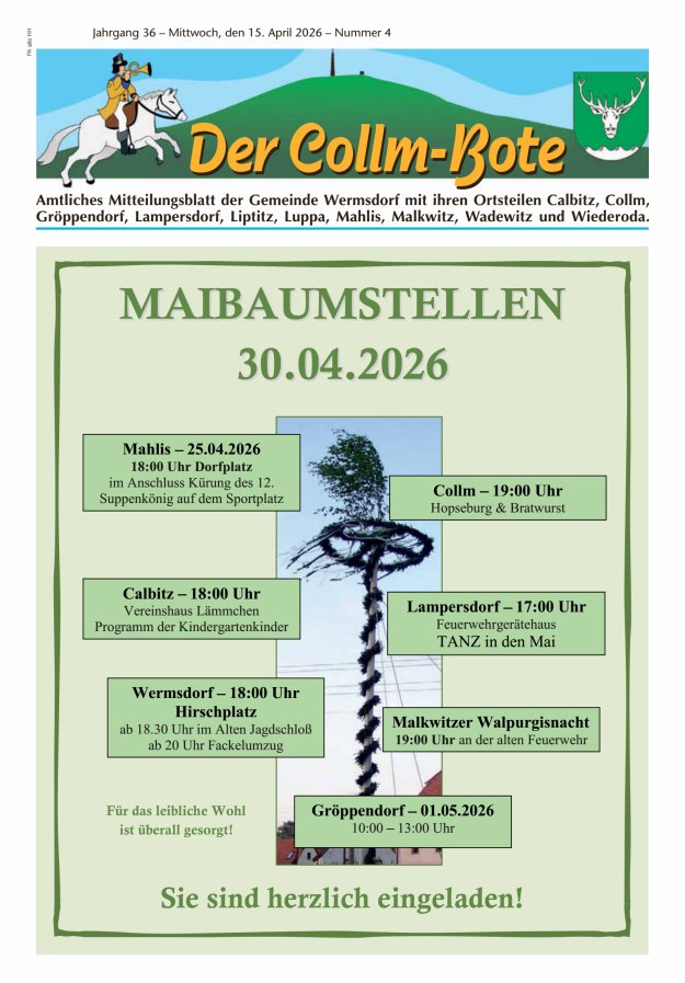Collm-Bote – Amtliches Mitteilungsblatt der Gemeinde Wermsdorf mit ihren Ortsteilen Titelblatt 04/2026