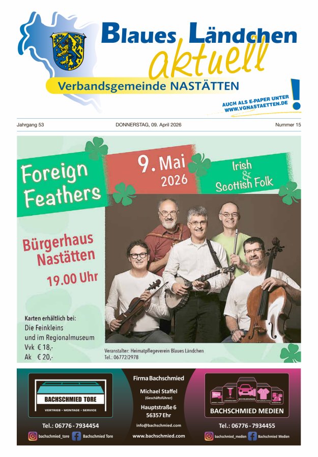 Blaues Ländchen aktuell - Heimat- u Bürgerzeitung VG Nastätten Titelblatt 15/2026
