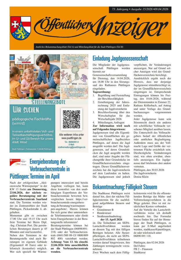 Öffentlicher Anzeiger - Stadt Püttlingen Titelblatt 15/2026