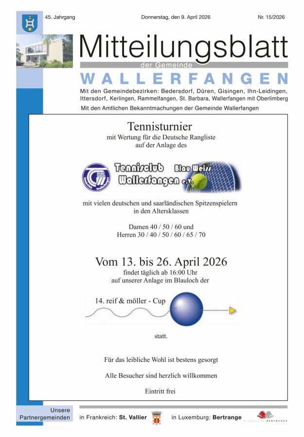 Mitteilungsblatt Gemeinde Wallerfangen Titelblatt 15/2026