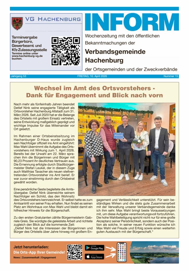 INFORM - Wochenzeitung der Verbandsgemeinde Hachenburg Titelblatt 15/2026