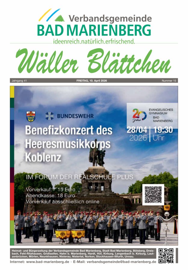 Wäller Blättchen - Verbandsgemeinde Bad Marienberg Titelblatt 15/2026