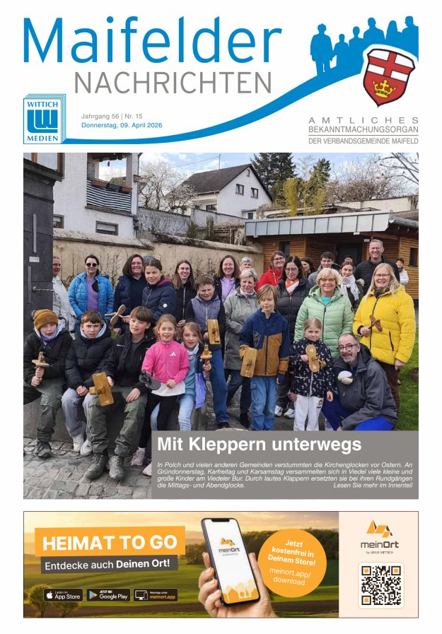 Maifelder Nachrichten - Wochenzeitung der Verbandsgemeinde Maifeld Titelblatt 15/2026