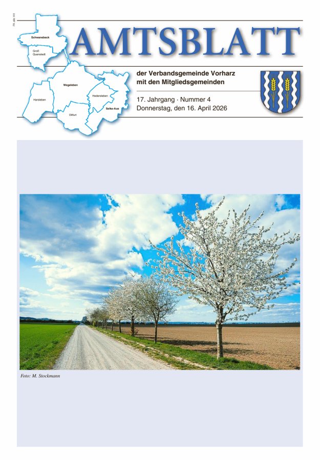 Amtblatt der Verbandsgemeinde Vorharz mit den Mitgliedsgemeinden Titelblatt 04/2026