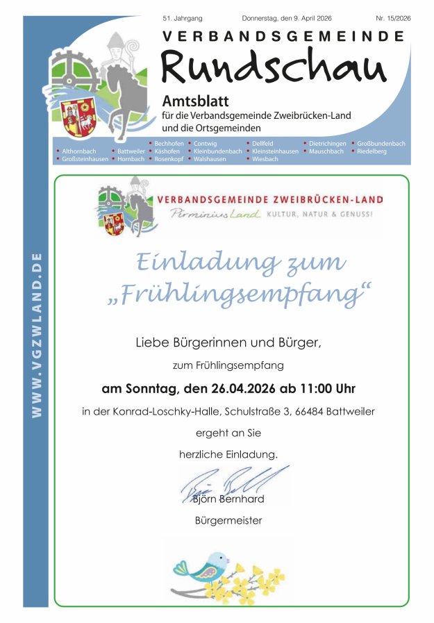 Verbandsgemeinde Rundschau Zweibrücken-Land Titelblatt 15/2026