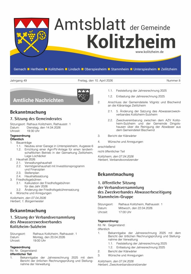 Amtsblatt der Gemeinde Kolitzheim Titelblatt 08/2026