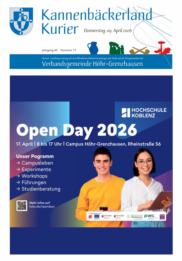 Kannenbäckerland-Kurier Verbandsgemeinde Höhr-Grenzhausen Titelblatt 15/2026