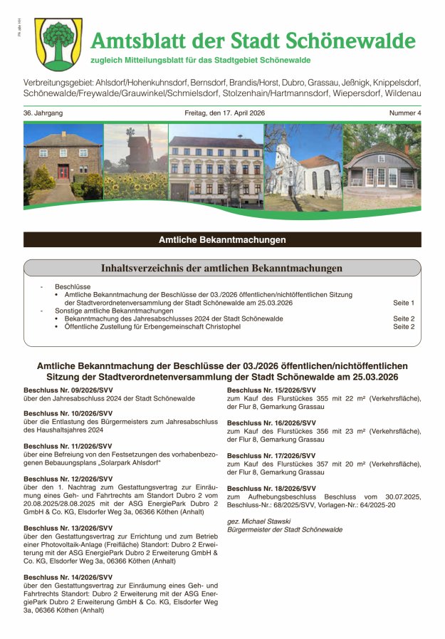 Amtsblatt der Stadt Schönewalde - Mitteilungsblatt für das Stadtgebiet Titelblatt 04/2026