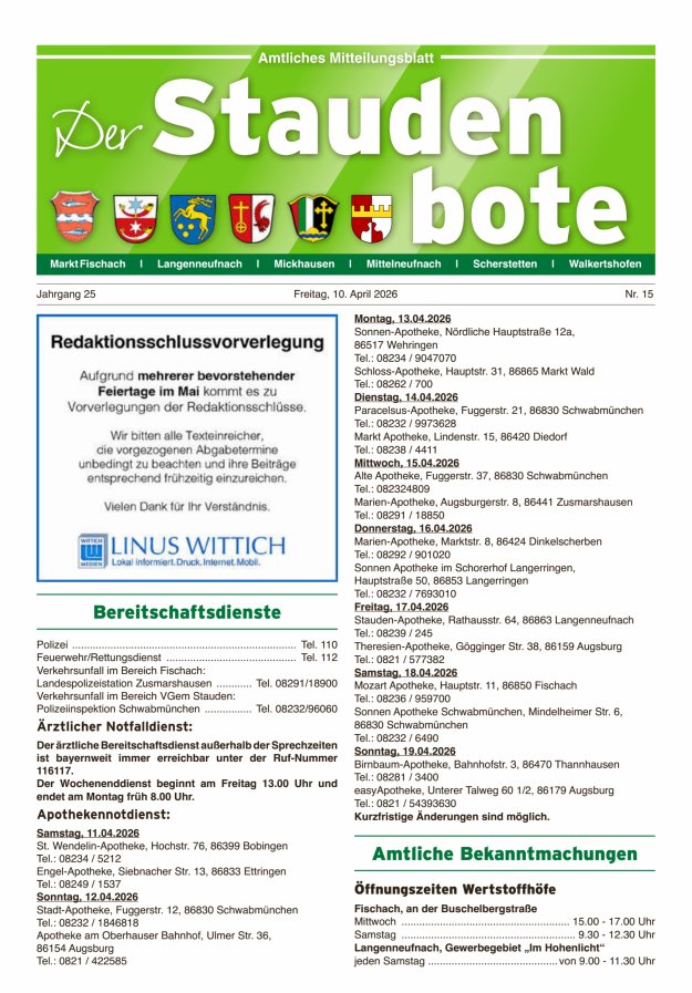 Staudenbote Amtliches Mitteilungsblatt Titelblatt 15/2026