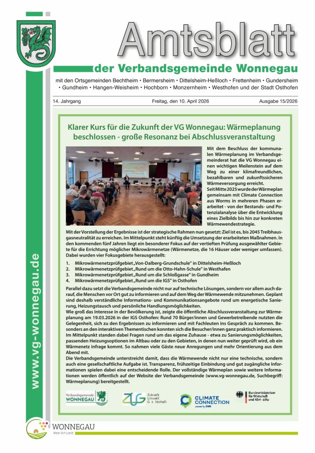 Amtsblatt VG Wonnegau Titelblatt 15/2026