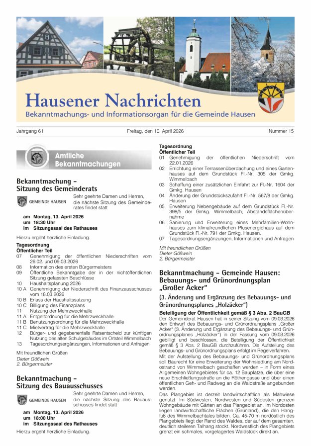 Hausener Nachrichten Titelblatt 15/2026