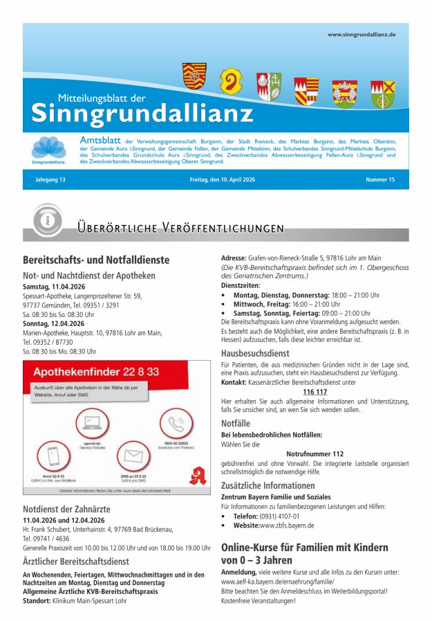 Mitteilungsblatt der Sinngrundallianz Titelblatt 15/2026