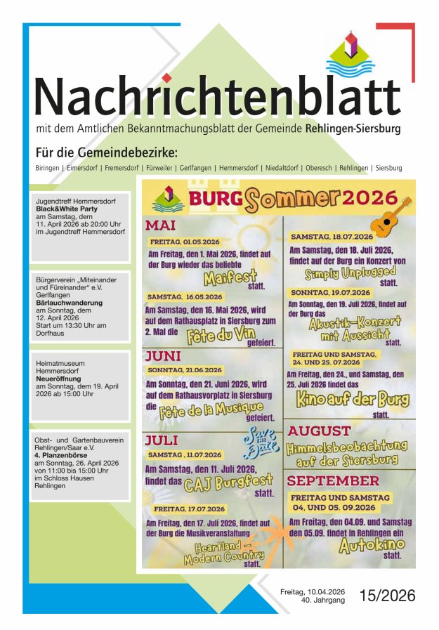 Nachrichtenblatt Rehlingen-Siersburg Titelblatt 15/2026