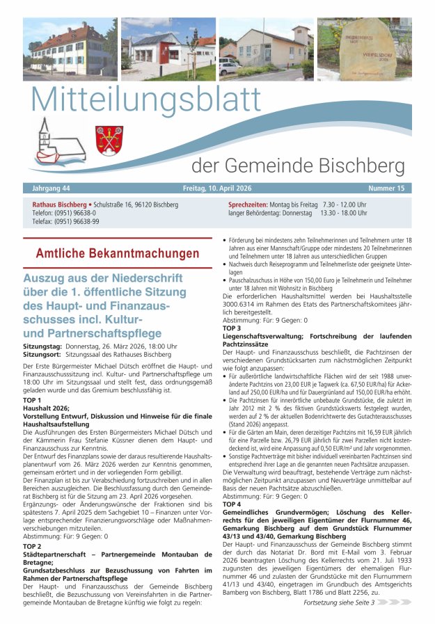 Mitteilungsblatt der Gemeinde Bischberg Titelblatt 15/2026