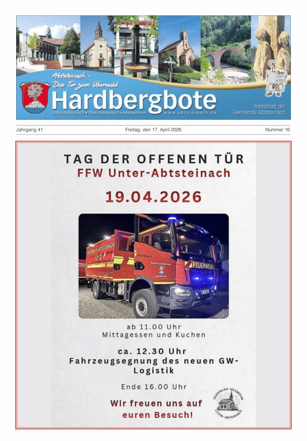 Hardbergbote - Mitteilungsblatt der Gemeinde Abtsteinach Titelblatt 16/2026