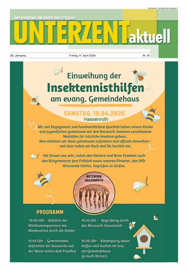 Unterzent aktuell Wochenzeitung für Höchst und Lützelbach Titelblatt 16/2026