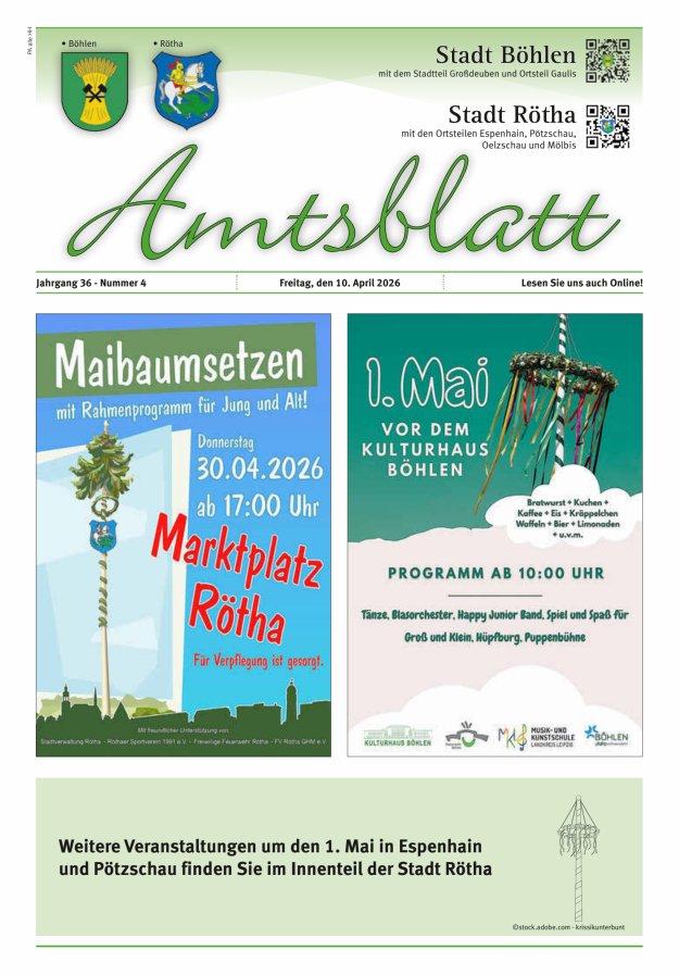 Amtsblatt der Städte Böhlen und Rötha Titelblatt 04/2026