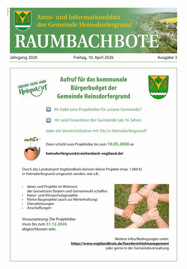Raumbachbote – Amt- und Informationsblatt der Gemeinde Heinsdorfergrund Titelblatt 03/2026