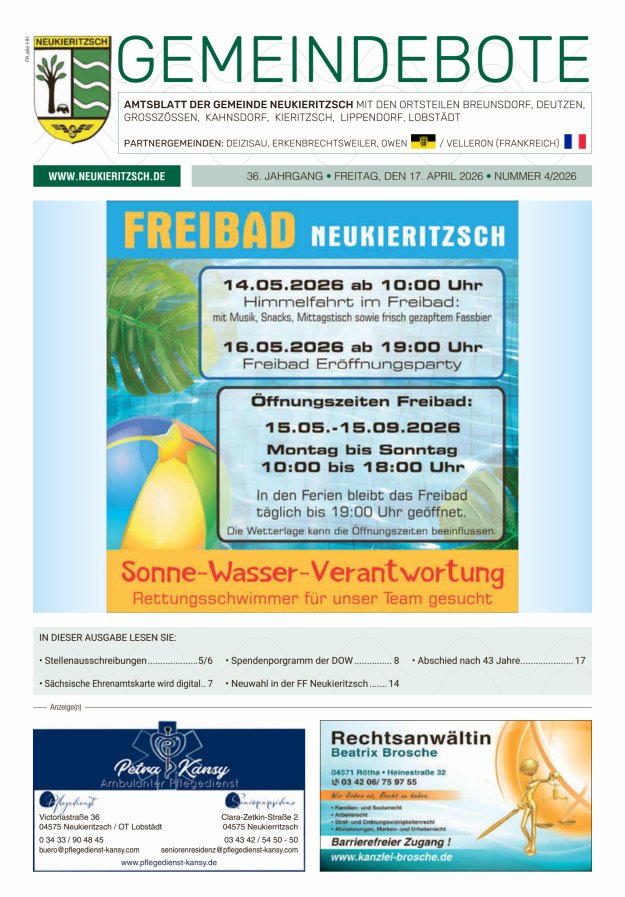 Gemeindebote - Amtsblatt der Gemeinde Neukieritzsch mit den Ortsteilen Titelblatt 04/2026
