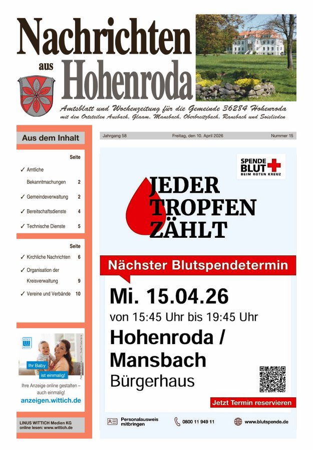 Nachrichten aus Hohenroda Titelblatt 15/2026